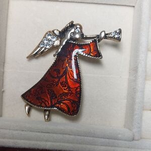 Red Enamel Crystal Angel Brooch Christmas